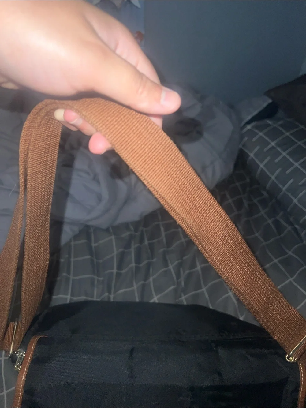 Longchamp Black Messenger Bag with Tan Trim